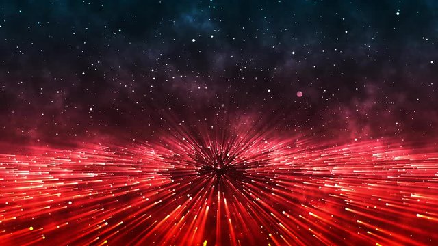 Light show of bright and rotating particles and red rays of light in dark space