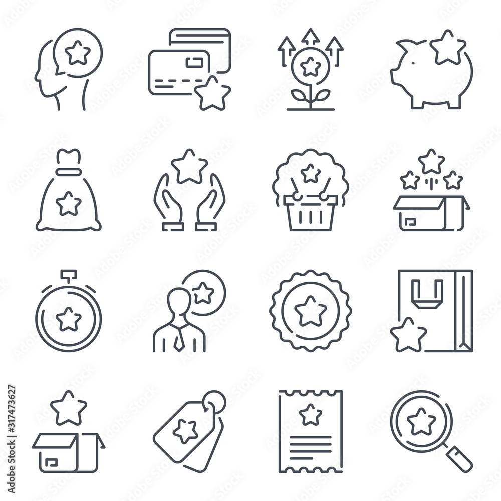 Poster loyalty program and customer reward service related line icon set. client bonuses linear icons. coup