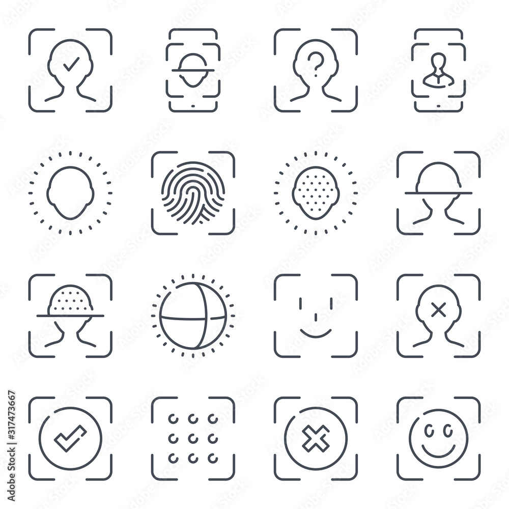 Poster face identification and recognition related line icon set. technology scan access protection linear 