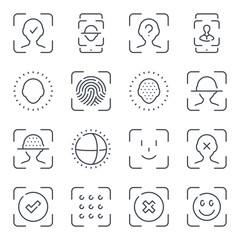 Face identification and recognition related line icon set. Technology scan access protection linear icons. Biometric authentication outline vector sign collection.