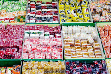 Various sweets on the counter of the Egyptian bazaar