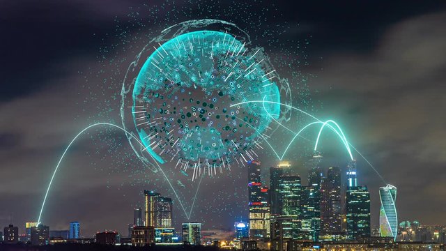 Smart city and communication network concept. Evening city time lapse with futuristic elements of telecommunications. The concept of high technology in the field of telecommunications