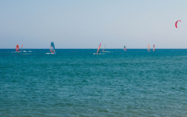 Rhodes, Greece - August 08, 2018: Windsurfing, sailing on the island of Rhodes, Greece