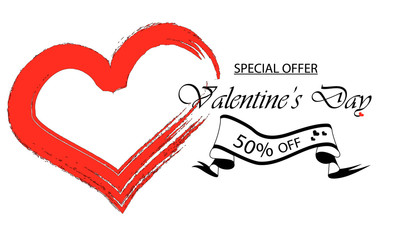 Valentines Day Classic Red; Happy Valentine's Day sale banner. Vector illustration with red and black elements on white background. Promo discount banner. 50% off banner. 