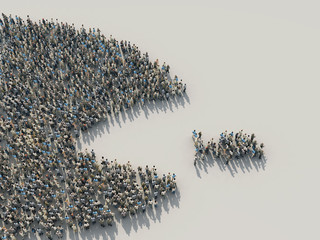 a large crowd of people in the shape of a fish hunts for a small