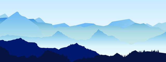 Panoramic view minimalist landscape, sunrise in the mountains, mountains at sunset vector illustration