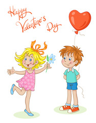 Postcard to the day of St. Valentine. Funny boy and cute girl congratulate each other. In cartoon style. Isolated on white background. Vector illustration.