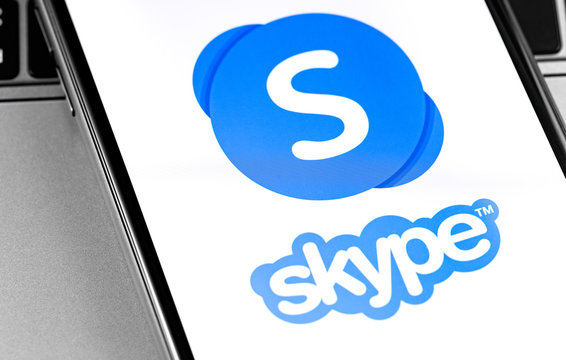 Skype logo on the screen smartphone. Skype - software providing text, voice and video communications. Moscow, Russia - April 11, 2019