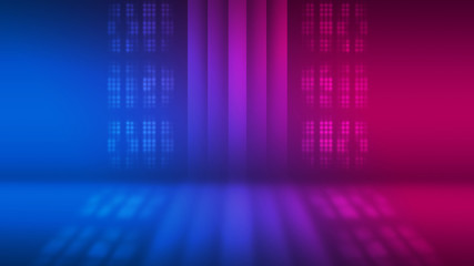 Abstract dark background with blue and pink neon glow. Neon luminous figure in the center of the stage.