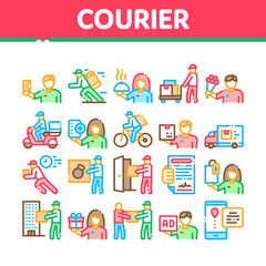 Courier Delivery Job Collection Icons Set Vector Thin Line. Courier On Scooter And Bicycle, Truck And Agreement, Weight Box And Flowers Concept Linear Pictograms. Color Contour Illustrations