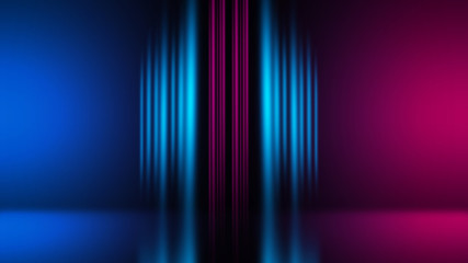 Abstract dark background with blue and pink neon glow. Neon luminous figure in the center of the stage.