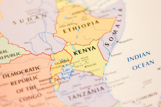 Ivanovsk, Russia - January 24, 2019: Kenya on the map of the world.