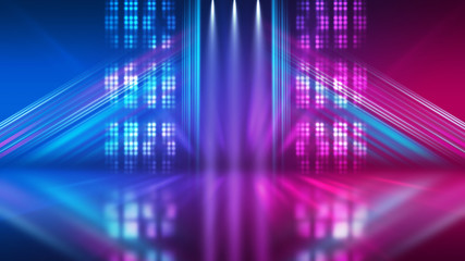 Abstract dark background with blue and pink neon glow. Neon luminous figure in the center of the...