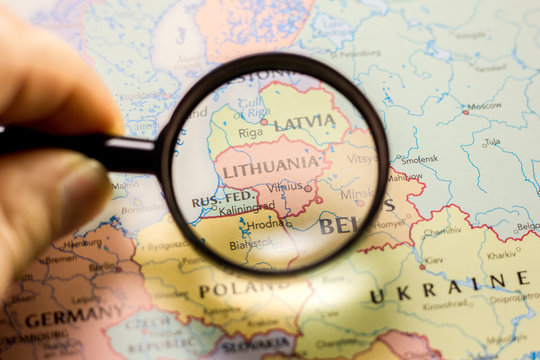 Ivanovsk, Russia - January 24, 2019: Lithuania on the map of the world.