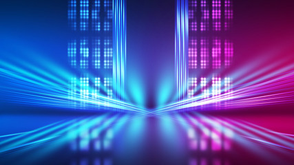 Abstract dark background with blue and pink neon glow. Neon luminous figure in the center of the...