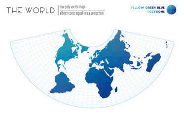 Abstract world map. Albers conic equal-area projection of the world. Yellow Green Blue colored polygons. Awesome vector illustration.