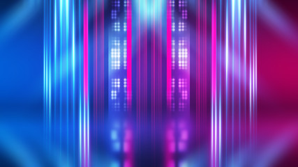 Abstract dark background with blue and pink neon glow. Neon luminous figure in the center of the stage.