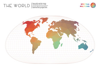 Abstract world map. Loximuthal projection of the world. Spectral colored polygons. Amazing vector illustration.