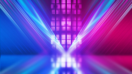 Abstract dark background with blue and pink neon glow. Neon luminous figure in the center of the...