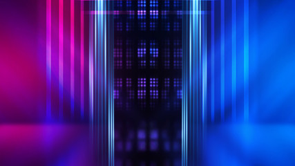 Abstract dark background with blue and pink neon glow. Neon luminous figure in the center of the...