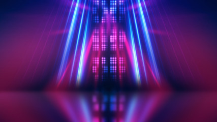 Abstract dark background with blue and pink neon glow. Neon luminous figure in the center of the...