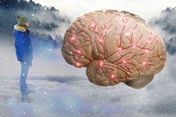 A man standing in a snowy landscape staring at a giant human brain. The brain is currently...