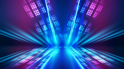 Abstract dark background with blue and pink neon glow. Neon luminous figure in the center of the...