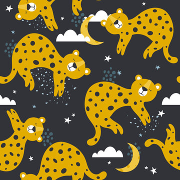 Colorful seamless pattern with leopards, stars, clouds. Decorative cute wallpaper, good for printing. Overlapping colored background vector. Design illustration with animals, night sky