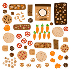 Set of doodle colored healthy snacks including granola bars, whole grain cookies, vegetable chips, crispbread and other foods isolated on white background.