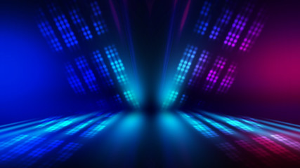 Abstract dark background with blue and pink neon glow. Neon luminous figure in the center of the...