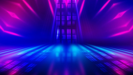 Abstract dark background with blue and pink neon glow. Neon luminous figure in the center of the stage.