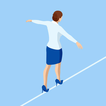 Isometric business woman tightrope walker is on the rope. Risk challenge in business, business risk, conquering adversity problems solution