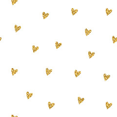 Fototapeta na wymiar Seamless brilliant glitter pattern. Gold shiny Sparkles isolated on white background. Sparkling hearts random festive confetti. Trendy Vector stock illustration for holidays, Valentine's Day, weddings