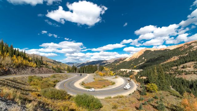Timelapse of Circular elevated view of Colorado State Highway 550, known as "Million Dollar Highway" threads its way from Silverton to Ouray