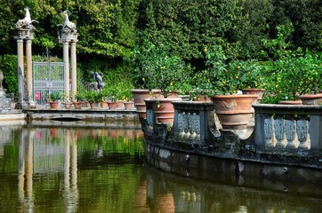 Fototapeta premium Pond in the Boboli Garden (Palazzo Pitti), during a sunny day in spring season. Florence, Italy. 