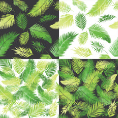 Artistic palm seamless patterns set. Leaves, herbs backgrounds, drawn backdrops, green grass tropic textures