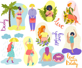 Body positive women, set of flat style stickers, vector illustration