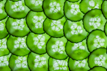Textured background of multiple translucent overlapping backlit fresh green cucumber slices 