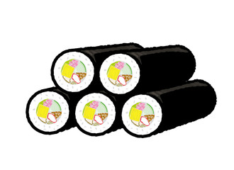 イラスト：恵方巻 節分 恵方 海苔巻き のりまき 巻物 のり 幸せ 幸福 縁起（ベクター有）