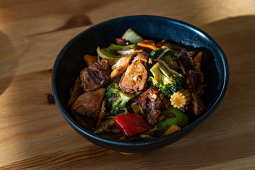 Duck Breast Fillets Steak with orange Halves and Vegetables.