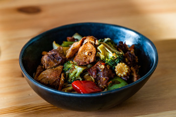 Duck Breast Fillets Steak with orange Halves and Vegetables.