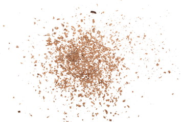 Fototapeta na wymiar Chocolate shavings and chunks pile isolated on white background, top view