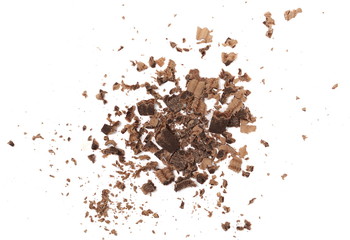 Chocolate shavings and chunks pile isolated on white background, top view