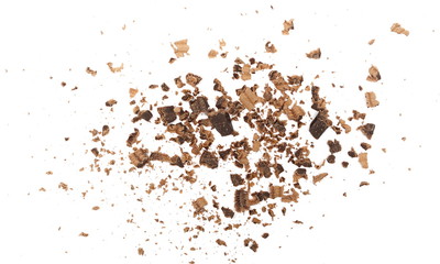 Chocolate shavings and chunks pile isolated on white background, top view