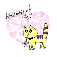 Valentine's day greeting card. Simple cute contoured cat with a mouse in its teeth. Gift for your favorite. Doodle. For postcard, logo, badges, stationery, web