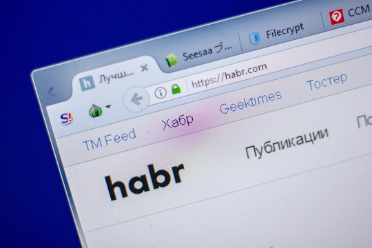 Ryazan, Russia - June 05, 2018: Homepage of Habr website on the display of PC, url - Habr.com.