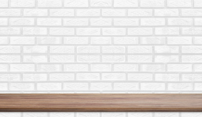 Empty wood plank shelf at white brick wall pattern background. Design for product display, mockup, advertise, banner, or montage