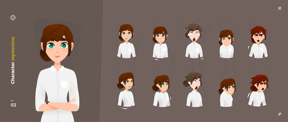 Cartoon Woman Character Expressions. Face Emotional and Body Gesture