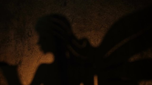 Angel's shadow lit by candle on grunge background