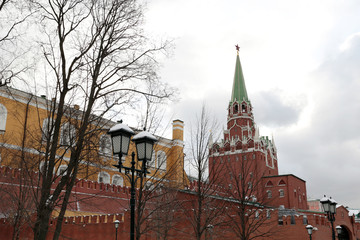 Moscow Kremlin during snow, russian winter landscape in winter. View to the Alexander garden, cold...